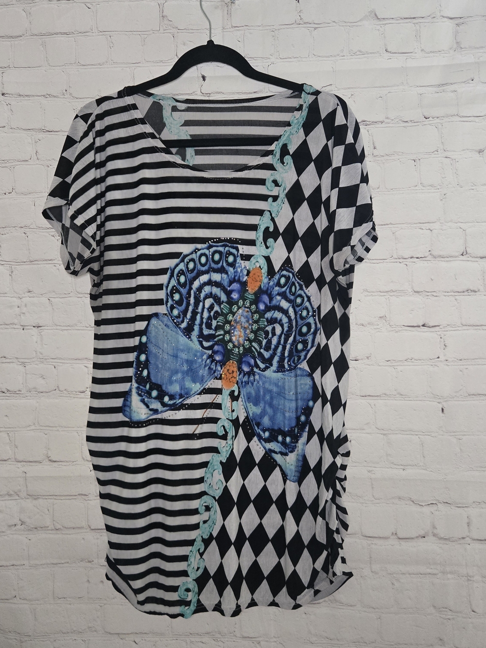Vtg Y2k Euro Grunge Stripe Diamond Rouched Side Tunic Butterfly Rhineston